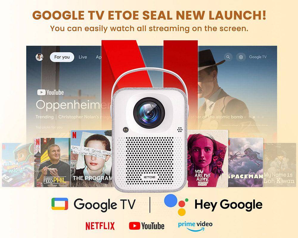 Proyector ETOE Seal, 400 lúmenes ANSI, Google TV, resolución nativa 1080P, enfoque automático y corrección trapezoidal automática, Asistente de Google.