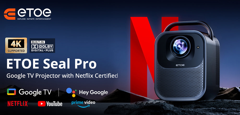 [Certificado por Netflix y Google TV] Proyector LCD ETOE Seal Pro 1000 ANSI, resolución nativa 1080P, certificado Dolby Audio, enfoque automático, corrección trapezoidal automática, 2 altavoces de 10W, Chromecast integrado, Asistente de Google.