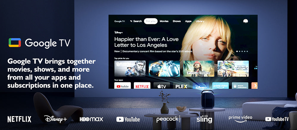 [Certificado por Netflix y Google TV] Proyector LCD ETOE Seal Pro 1000 ANSI, resolución nativa 1080P, certificado Dolby Audio, enfoque automático, corrección trapezoidal automática, 2 altavoces de 10W, Chromecast integrado, Asistente de Google.