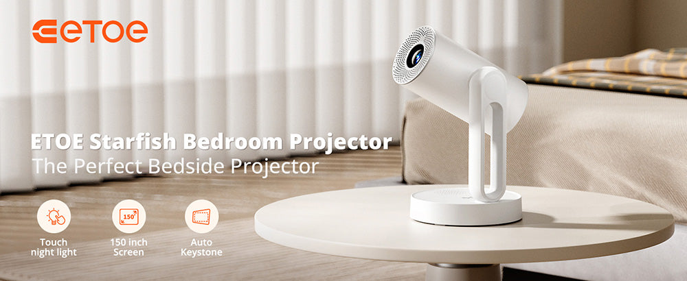 Proyector ETOE Starfish, Android TV 11.0, rotación de 140°, 250 ANSI, decodificación 4K, corrección trapezoidal automática, Chromecast integrado, altavoz de 5W.