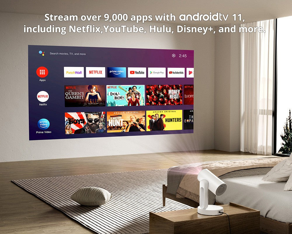 Proyector ETOE Starfish, Android TV 11.0, rotación de 140°, 250 ANSI, decodificación 4K, corrección trapezoidal automática, Chromecast integrado, altavoz de 5W.