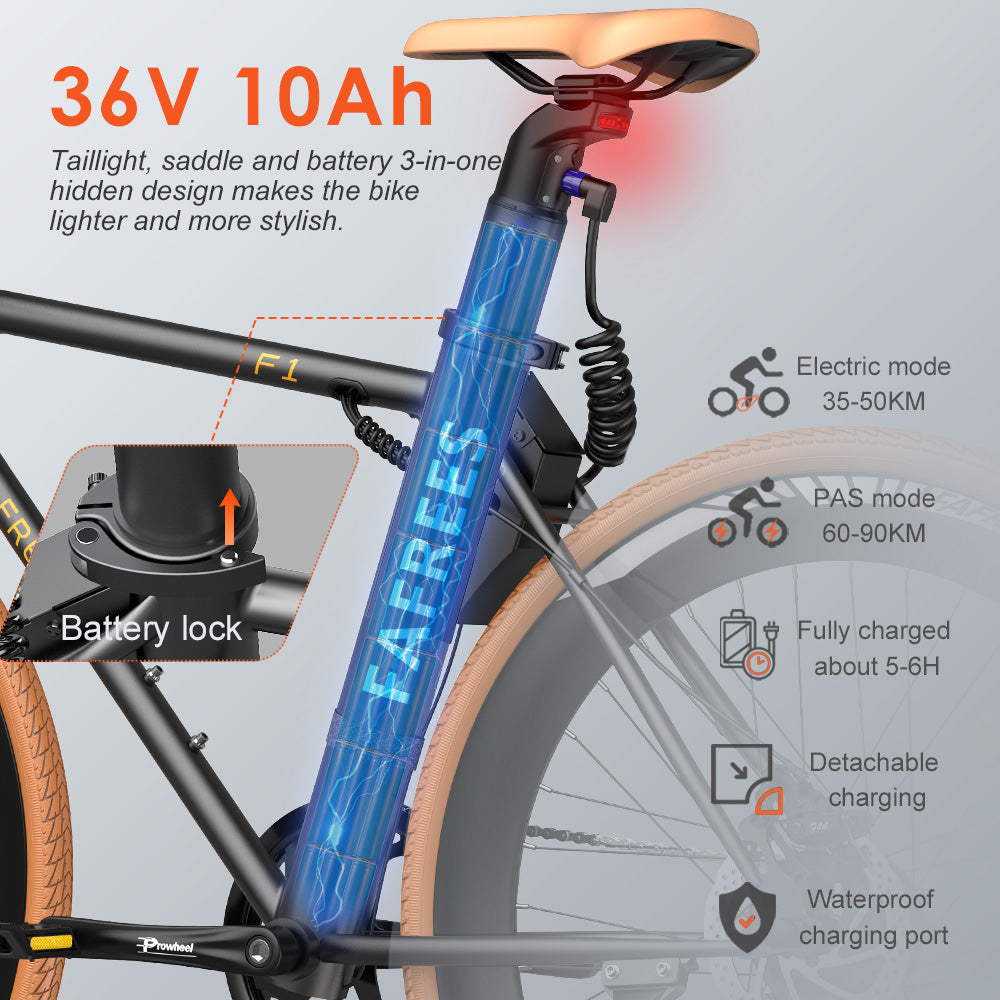 Fafrees F1 Electric Bike, 250W Motor, 36V 10AH Battery, CST 700C*38C Tires, 25km/h Max Speed, 90km Max Range, Dual Mechanical Disc Brakes - Orange Black