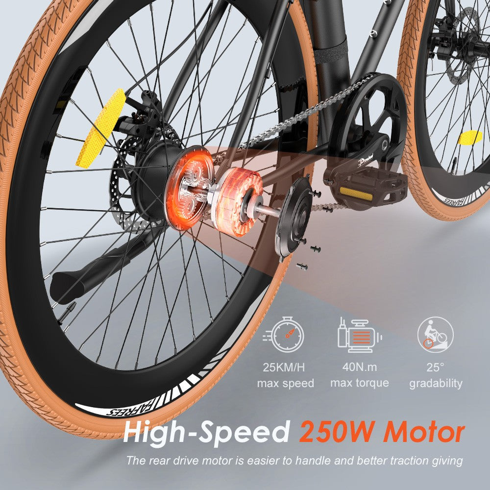 Fafrees F1 Electric Bike, 250W Motor, 36V 10AH Battery, CST 700C*38C Tires, 25km/h Max Speed, 90km Max Range, Dual Mechanical Disc Brakes - Orange Black