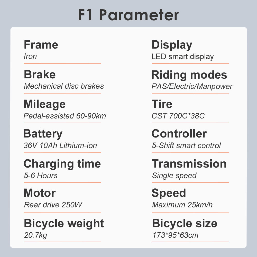 Fafrees F1 Electric Bike, 250W Motor, 36V 10AH Battery, CST 700C*38C Tires, 25km/h Max Speed, 90km Max Range, Dual Mechanical Disc Brakes - Orange Black
