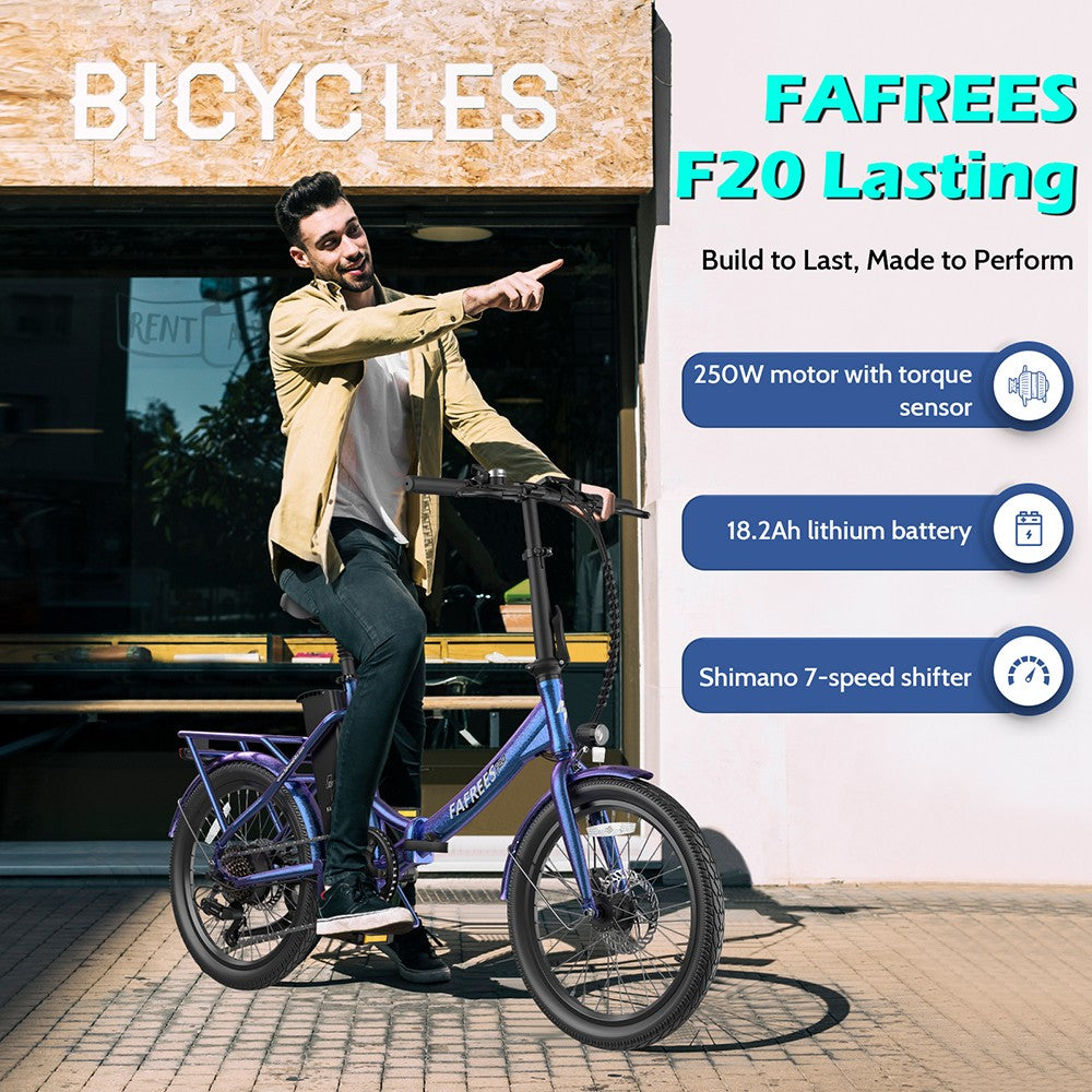 Bicicleta Eléctrica Fafrees F20 de Larga Duración, Motor de 250W, Batería de 36V 18.2Ah, Neumáticos de 20*1.95", Velocidad Máxima de 25km/h, Alcance Máximo de 120km, Frenos de Disco Mecánicos, SHIMANO 7 Velocidades - Verde Azulado Radiante