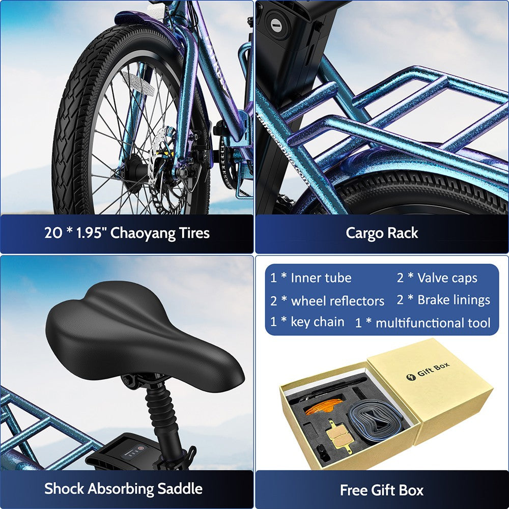 Bicicleta Eléctrica Fafrees F20 de Larga Duración, Motor de 250W, Batería de 36V 18.2Ah, Neumáticos de 20*1.95", Velocidad Máxima de 25km/h, Alcance Máximo de 120km, Frenos de Disco Mecánicos, SHIMANO 7 Velocidades - Verde Azulado Radiante