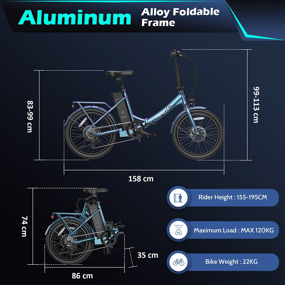 Bicicleta Eléctrica Fafrees F20 de Larga Duración, Motor de 250W, Batería de 36V 18.2Ah, Neumáticos de 20*1.95", Velocidad Máxima de 25km/h, Alcance Máximo de 120km, Frenos de Disco Mecánicos, SHIMANO 7 Velocidades - Verde Azulado Radiante