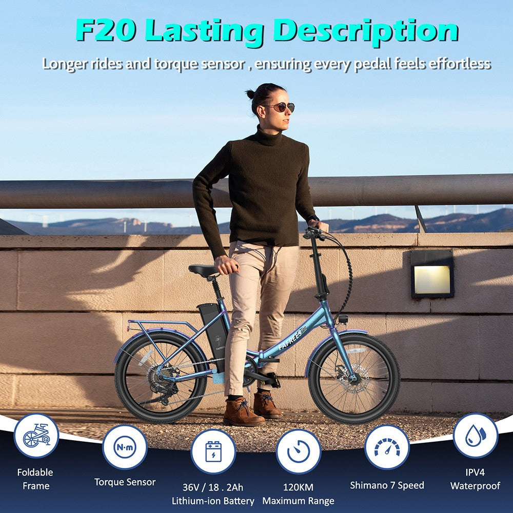 Bicicleta Eléctrica Fafrees F20 de Larga Duración, Motor de 250W, Batería de 36V 18.2Ah, Neumáticos de 20*1.95", Velocidad Máxima de 25km/h, Alcance Máximo de 120km, Frenos de Disco Mecánicos, SHIMANO 7 Velocidades - Verde Azulado Radiante
