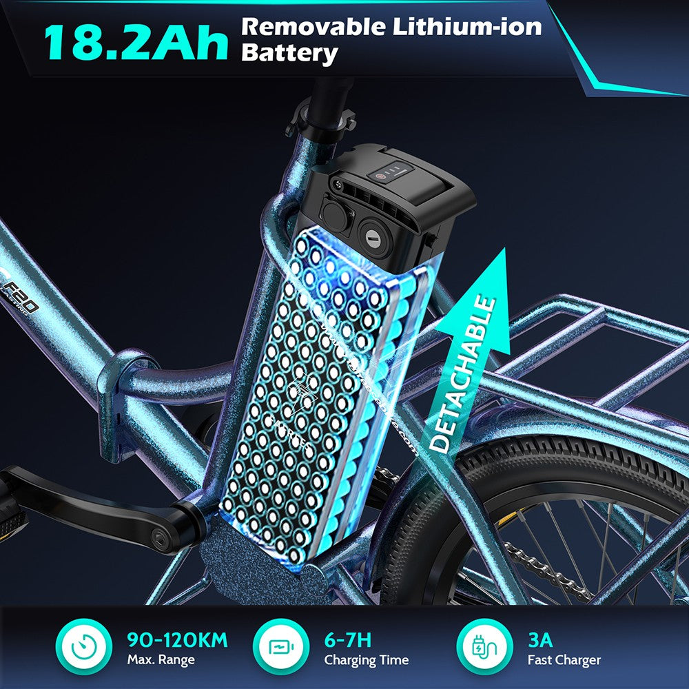 Bicicleta Eléctrica Fafrees F20 de Larga Duración, Motor de 250W, Batería de 36V 18.2Ah, Neumáticos de 20*1.95", Velocidad Máxima de 25km/h, Alcance Máximo de 120km, Frenos de Disco Mecánicos, SHIMANO 7 Velocidades - Verde Azulado Radiante