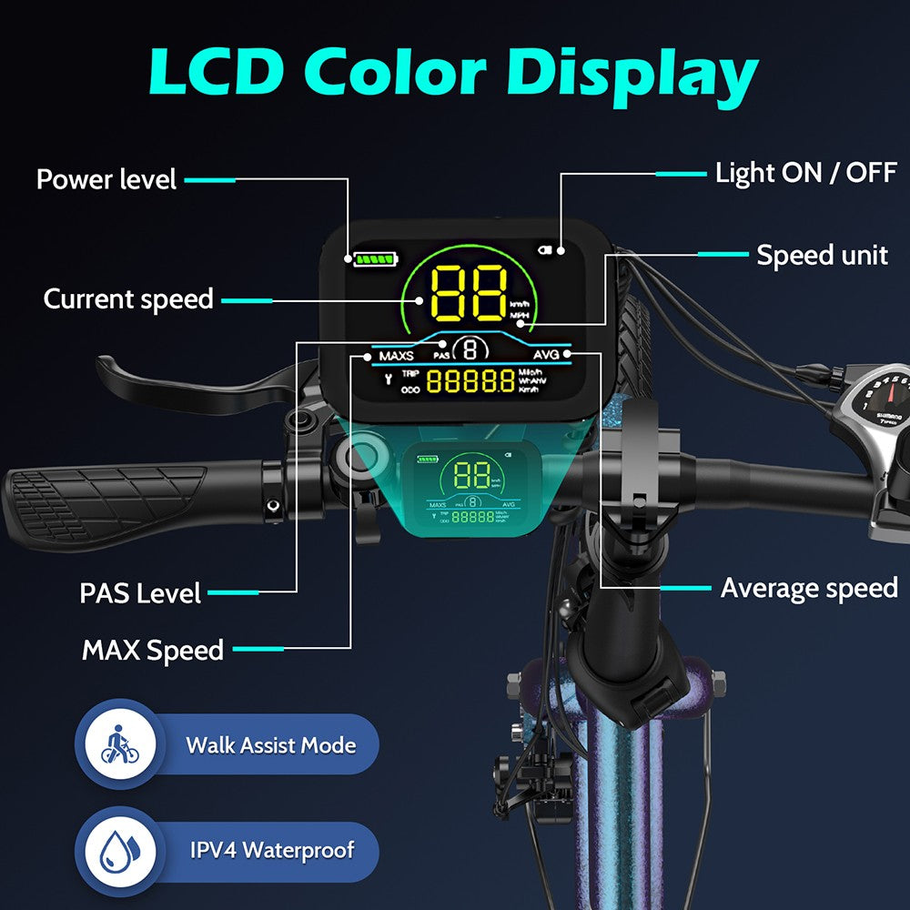 Bicicleta Eléctrica Fafrees F20 de Larga Duración, Motor de 250W, Batería de 36V 18.2Ah, Neumáticos de 20*1.95", Velocidad Máxima de 25km/h, Alcance Máximo de 120km, Frenos de Disco Mecánicos, SHIMANO 7 Velocidades - Verde Azulado Radiante