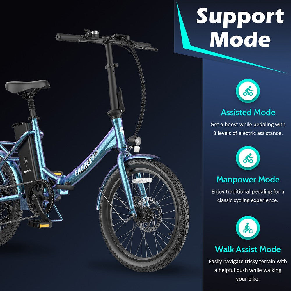 Bicicleta Eléctrica Fafrees F20 de Larga Duración, Motor de 250W, Batería de 36V 18.2Ah, Neumáticos de 20*1.95", Velocidad Máxima de 25km/h, Alcance Máximo de 120km, Frenos de Disco Mecánicos, SHIMANO 7 Velocidades - Verde Azulado Radiante