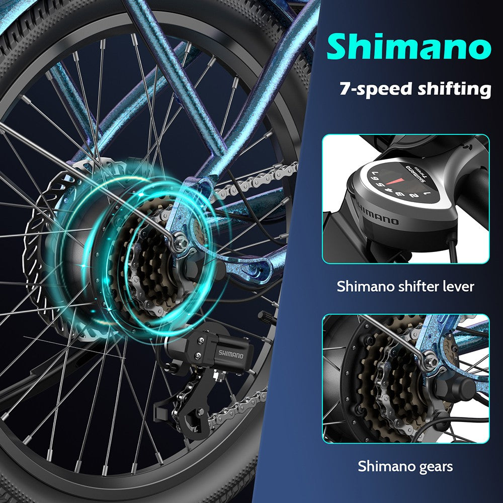 Bicicleta Eléctrica Fafrees F20 de Larga Duración, Motor de 250W, Batería de 36V 18.2Ah, Neumáticos de 20*1.95", Velocidad Máxima de 25km/h, Alcance Máximo de 120km, Frenos de Disco Mecánicos, SHIMANO 7 Velocidades - Verde Azulado Radiante