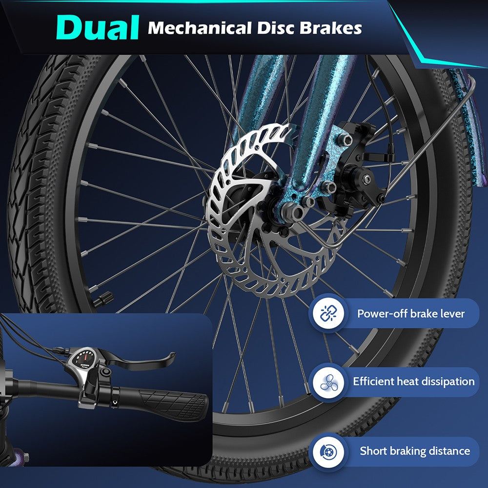 Bicicleta Eléctrica Fafrees F20 de Larga Duración, Motor de 250W, Batería de 36V 18.2Ah, Neumáticos de 20*1.95", Velocidad Máxima de 25km/h, Alcance Máximo de 120km, Frenos de Disco Mecánicos, SHIMANO 7 Velocidades - Verde Azulado Radiante