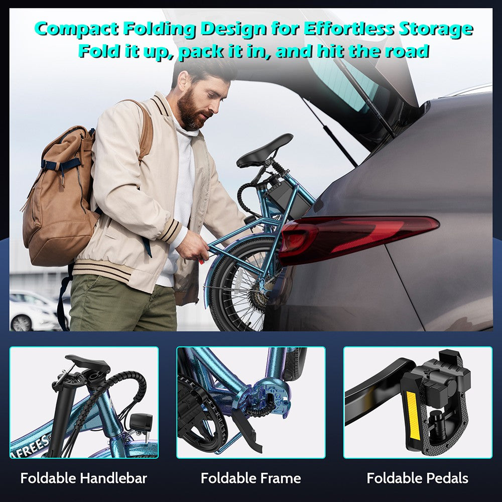 Bicicleta Eléctrica Fafrees F20 de Larga Duración, Motor de 250W, Batería de 36V 18.2Ah, Neumáticos de 20*1.95", Velocidad Máxima de 25km/h, Alcance Máximo de 120km, Frenos de Disco Mecánicos, SHIMANO 7 Velocidades - Verde Azulado Radiante