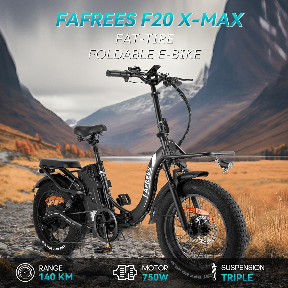 Bicicleta Eléctrica Fafrees F20 X-Max, neumático ancho de 20*4.0 pulgadas, motor sin escobillas de 750W, batería de 48V 30AH, velocidad máxima predeterminada de 25 km/h, autonomía máxima de 200 km, sistema de cambio de marchas Shimano de 7 velocidades, frenos de disco hidráulicos - Negro.