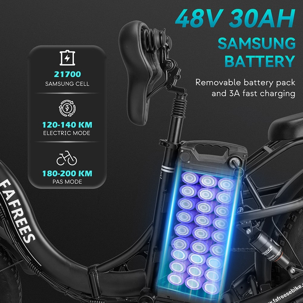 Bicicleta Eléctrica Fafrees F20 X-Max, neumático ancho de 20*4.0 pulgadas, motor sin escobillas de 750W, batería de 48V 30AH, velocidad máxima predeterminada de 25 km/h, autonomía máxima de 200 km, sistema de cambio de marchas Shimano de 7 velocidades, frenos de disco hidráulicos - Negro.