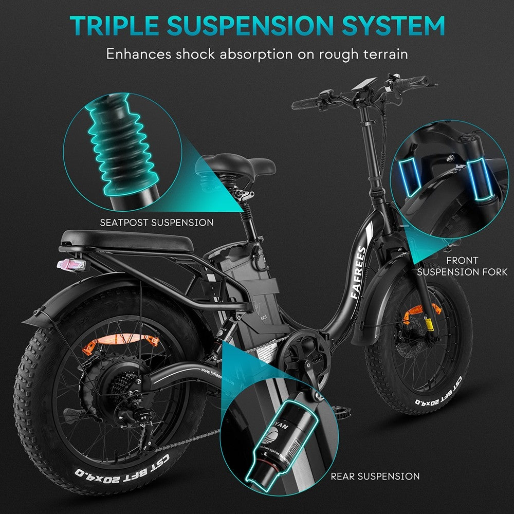 Bicicleta Eléctrica Fafrees F20 X-Max, neumático ancho de 20*4.0 pulgadas, motor sin escobillas de 750W, batería de 48V 30AH, velocidad máxima predeterminada de 25 km/h, autonomía máxima de 200 km, sistema de cambio de marchas Shimano de 7 velocidades, frenos de disco hidráulicos - Negro.