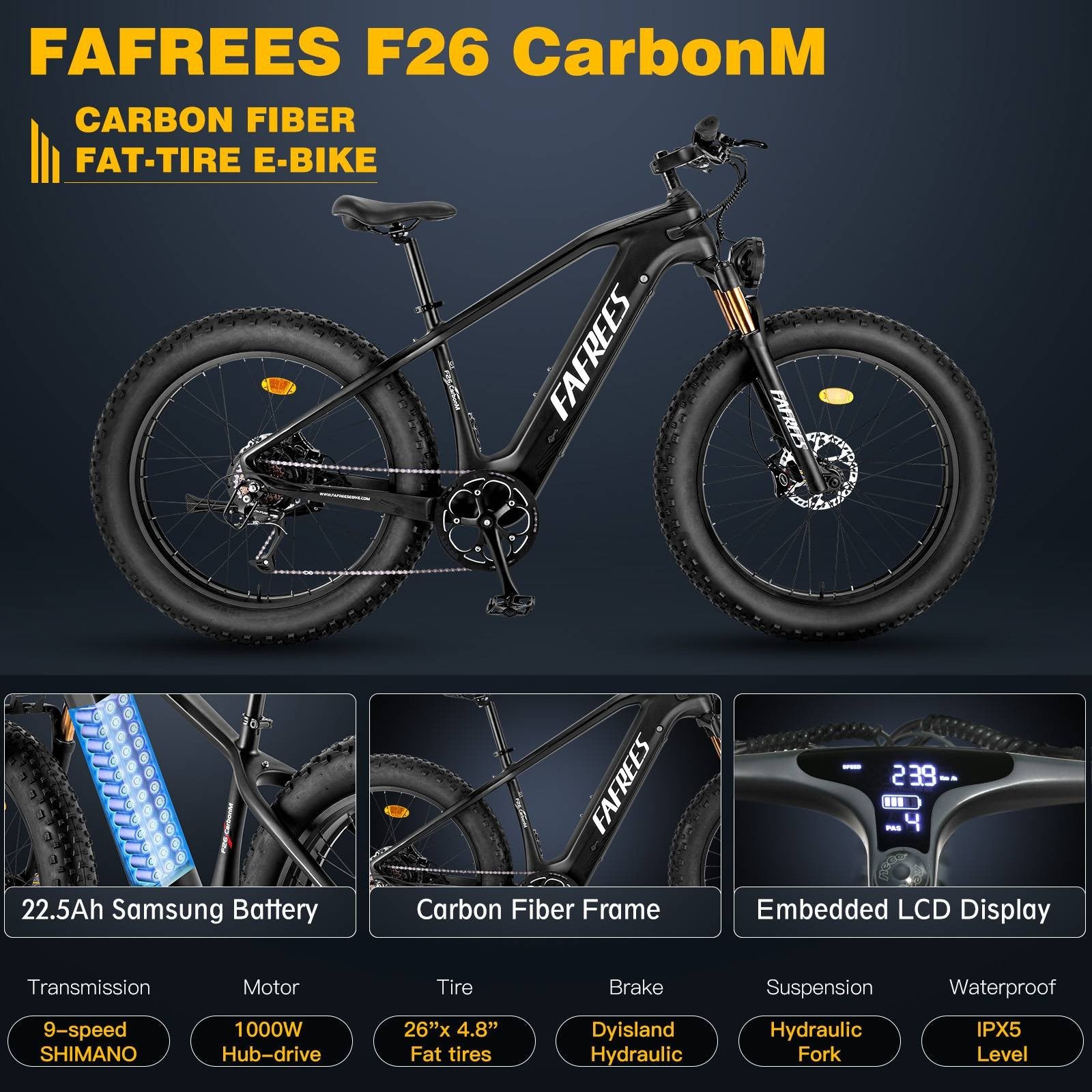 Bicicleta eléctrica FAFREES F26 Carbon M, neumático de aire de 26*4.8 pulgadas, tracción trasera de 1000 W, velocidad máxima de 25 km/h, batería de 48 V y 22,5 Ah, autonomía asistida de 120-140 km.
