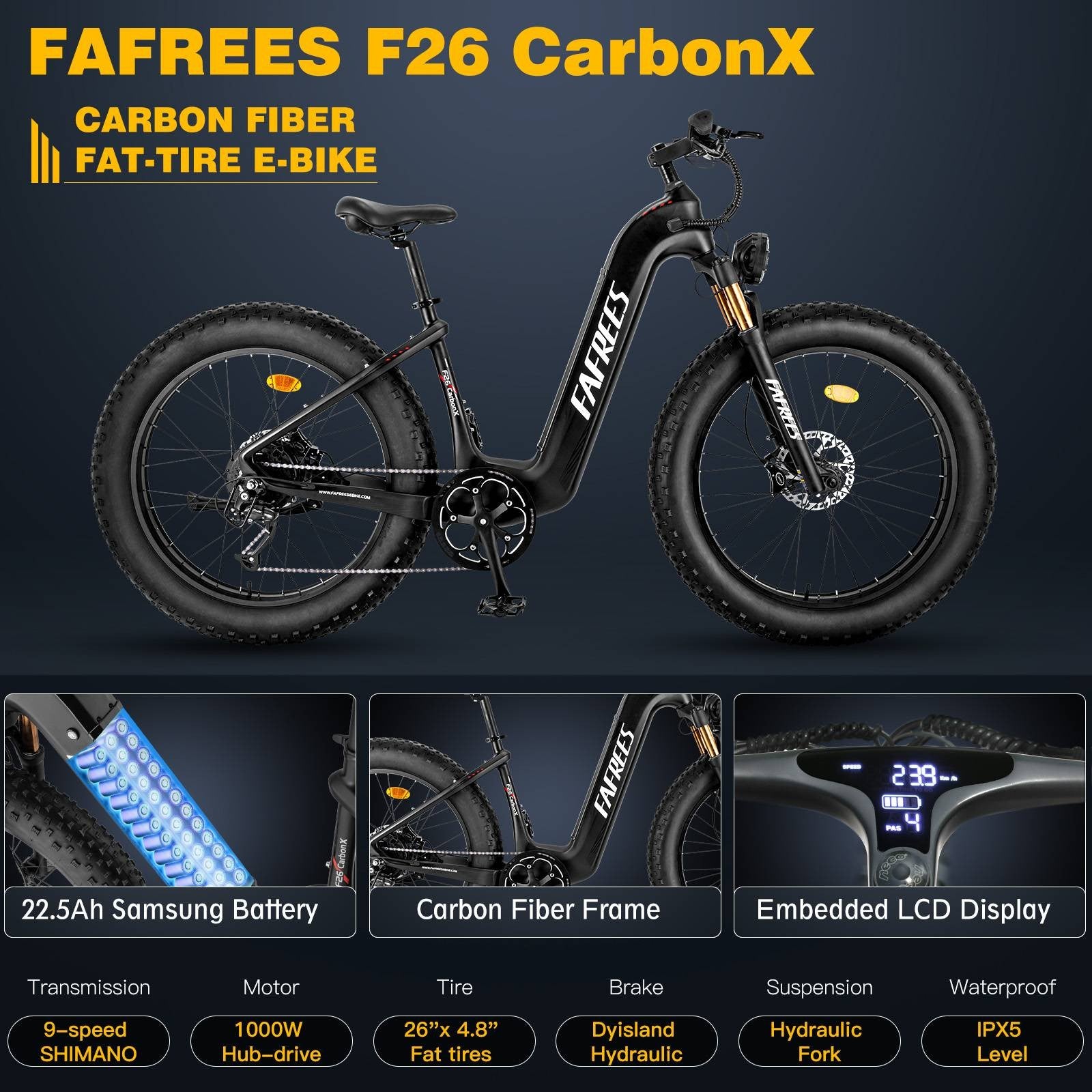 Bicicleta eléctrica FAFREES F26 Carbon X con neumáticos de aire de 26*4.8 pulgadas, motor trasero de 1000W, velocidad máxima de 25 km/h, batería de 48V 22.5Ah y autonomía asistida de 120-140 km.