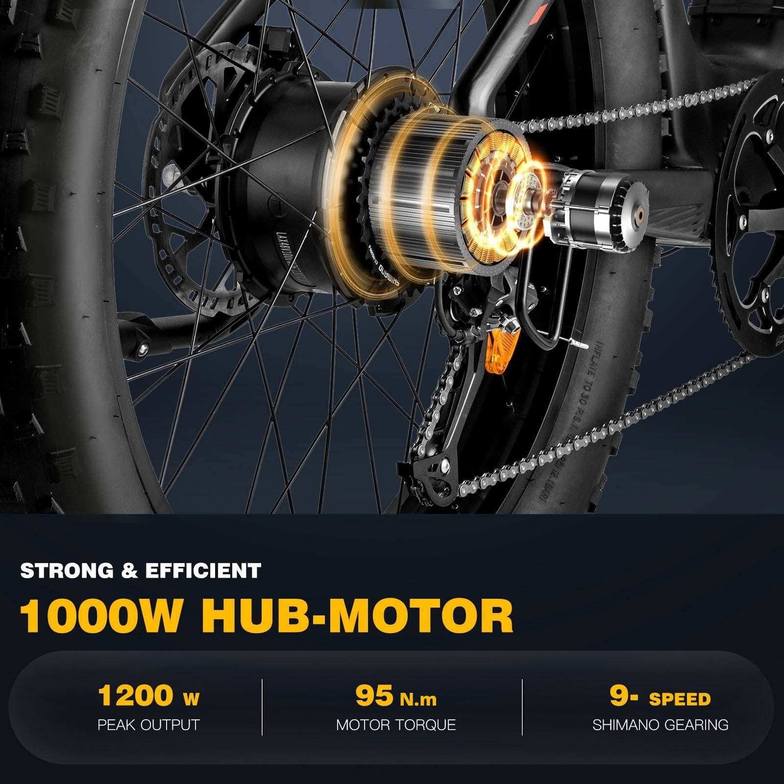 Bicicleta eléctrica FAFREES F26 Carbon X con neumáticos de aire de 26*4.8 pulgadas, motor trasero de 1000W, velocidad máxima de 25 km/h, batería de 48V 22.5Ah y autonomía asistida de 120-140 km.