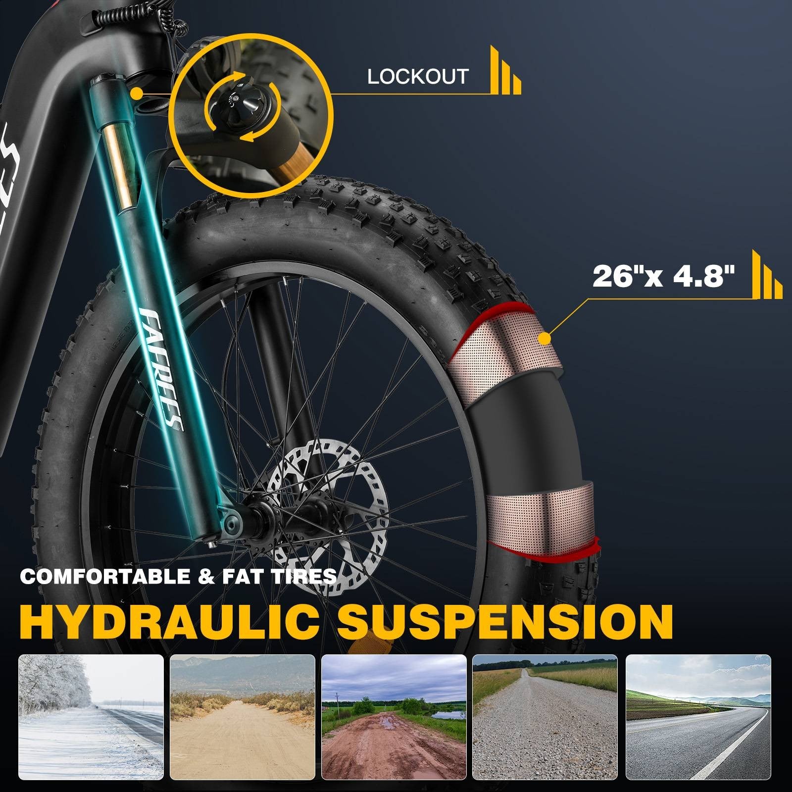 Bicicleta eléctrica FAFREES F26 Carbon X con neumáticos de aire de 26*4.8 pulgadas, motor trasero de 1000W, velocidad máxima de 25 km/h, batería de 48V 22.5Ah y autonomía asistida de 120-140 km.