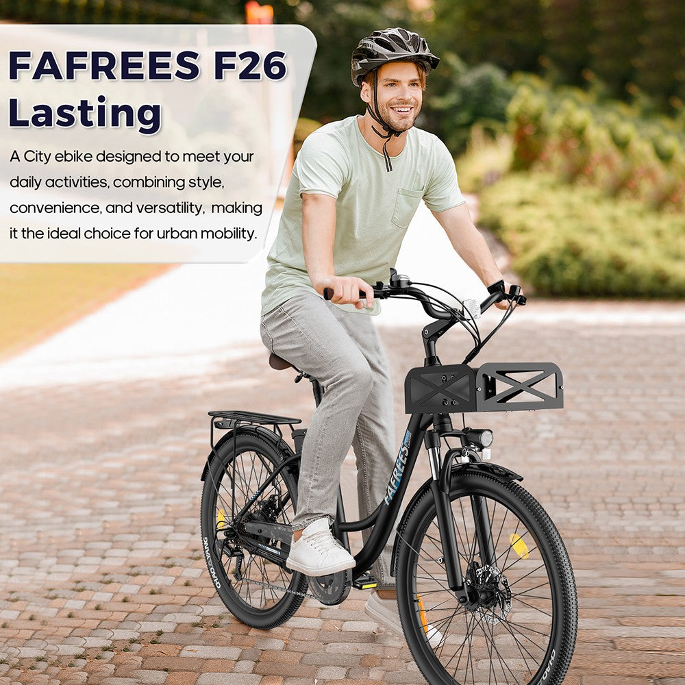 Bicicleta eléctrica Fafrees F26 de larga duración, motor de 250 W, batería de 36 V y 20,3 Ah, neumáticos de 26 x 1,95'', velocidad máxima de 25 km/h, autonomía de 140 km, SHIMANO de 7 velocidades, frenos de disco mecánicos, pantalla LCD de 2,3 pulgadas - Negro