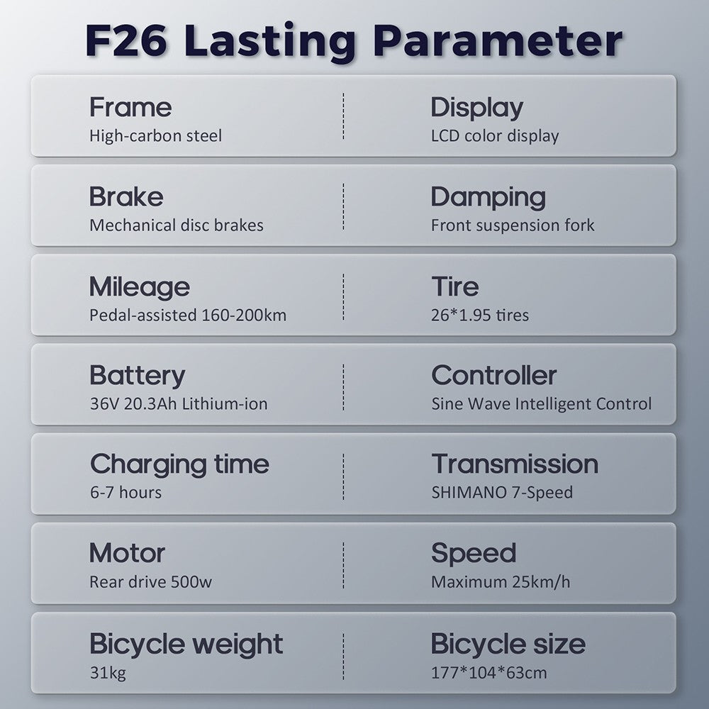 Bicicleta eléctrica Fafrees F26 de larga duración, motor de 250 W, batería de 36 V y 20,3 Ah, neumáticos de 26 x 1,95'', velocidad máxima de 25 km/h, autonomía de 140 km, SHIMANO de 7 velocidades, frenos de disco mecánicos, pantalla LCD de 2,3 pulgadas - Negro