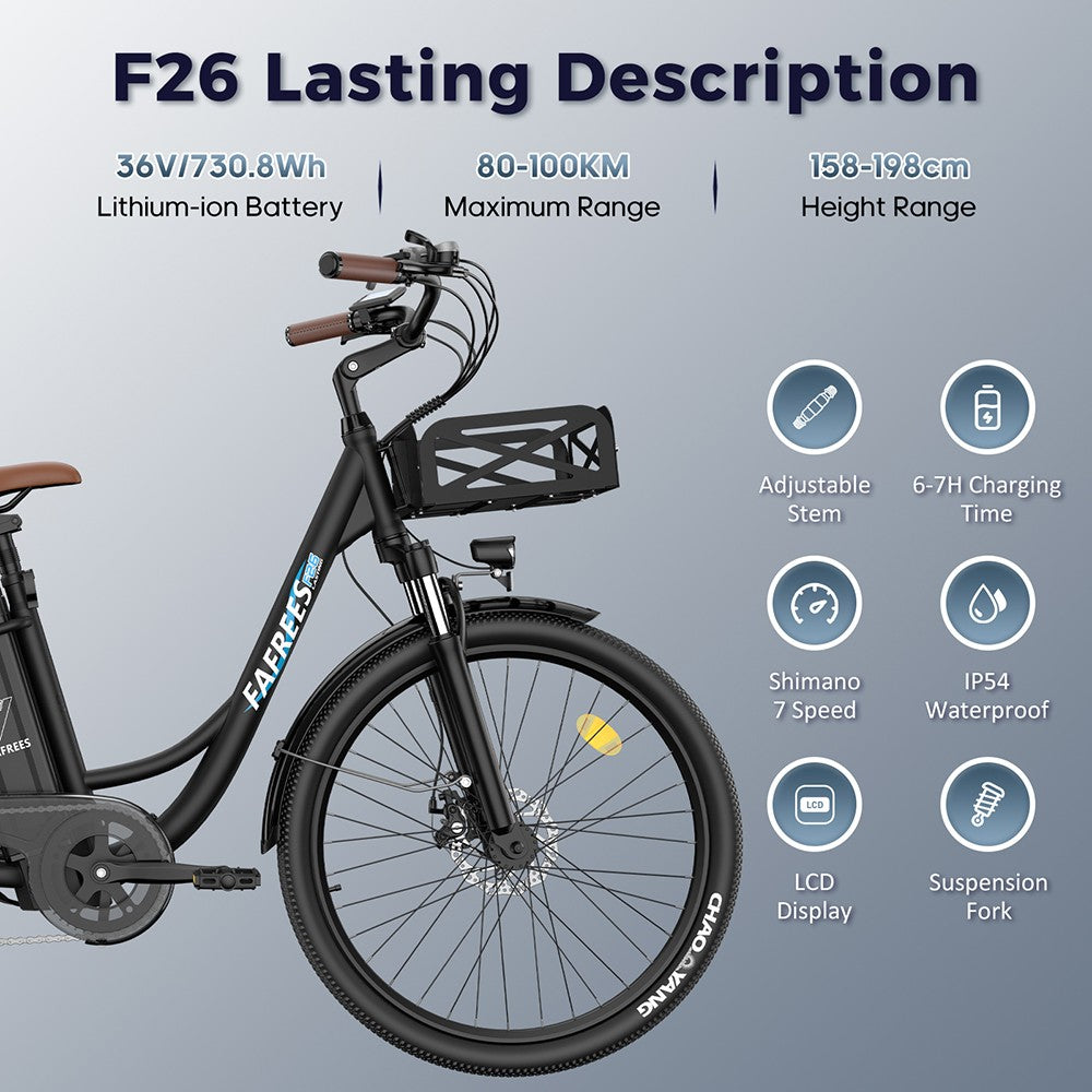 Bicicleta eléctrica Fafrees F26 de larga duración, motor de 250 W, batería de 36 V y 20,3 Ah, neumáticos de 26 x 1,95'', velocidad máxima de 25 km/h, autonomía de 140 km, SHIMANO de 7 velocidades, frenos de disco mecánicos, pantalla LCD de 2,3 pulgadas - Negro