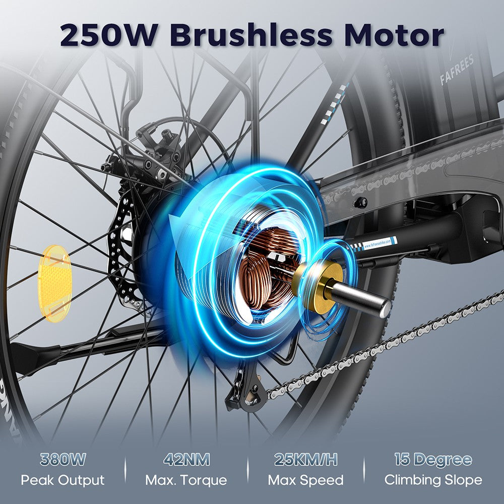 Bicicleta eléctrica Fafrees F26 de larga duración, motor de 250 W, batería de 36 V y 20,3 Ah, neumáticos de 26 x 1,95'', velocidad máxima de 25 km/h, autonomía de 140 km, SHIMANO de 7 velocidades, frenos de disco mecánicos, pantalla LCD de 2,3 pulgadas - Negro