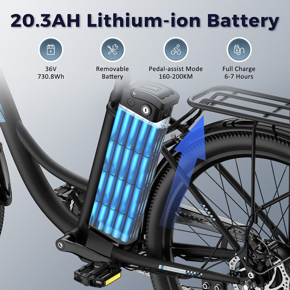 Bicicleta eléctrica Fafrees F26 de larga duración, motor de 250 W, batería de 36 V y 20,3 Ah, neumáticos de 26 x 1,95'', velocidad máxima de 25 km/h, autonomía de 140 km, SHIMANO de 7 velocidades, frenos de disco mecánicos, pantalla LCD de 2,3 pulgadas - Negro