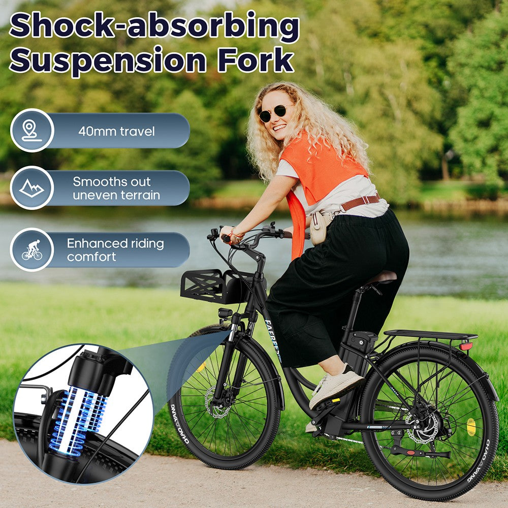 Bicicleta eléctrica Fafrees F26 de larga duración, motor de 250 W, batería de 36 V y 20,3 Ah, neumáticos de 26 x 1,95'', velocidad máxima de 25 km/h, autonomía de 140 km, SHIMANO de 7 velocidades, frenos de disco mecánicos, pantalla LCD de 2,3 pulgadas - Negro