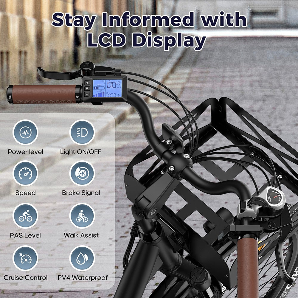 Bicicleta eléctrica Fafrees F26 de larga duración, motor de 250 W, batería de 36 V y 20,3 Ah, neumáticos de 26 x 1,95'', velocidad máxima de 25 km/h, autonomía de 140 km, SHIMANO de 7 velocidades, frenos de disco mecánicos, pantalla LCD de 2,3 pulgadas - Negro