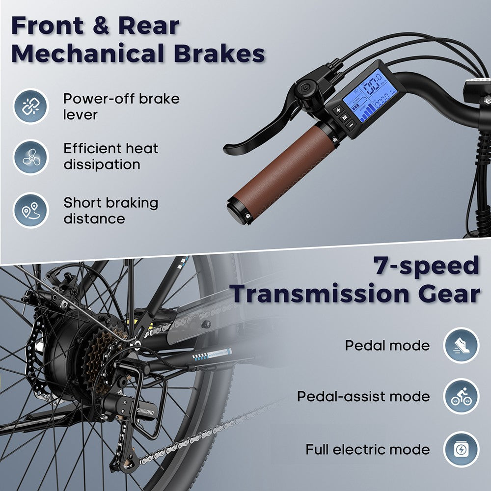 Bicicleta eléctrica Fafrees F26 de larga duración, motor de 250 W, batería de 36 V y 20,3 Ah, neumáticos de 26 x 1,95'', velocidad máxima de 25 km/h, autonomía de 140 km, SHIMANO de 7 velocidades, frenos de disco mecánicos, pantalla LCD de 2,3 pulgadas - Negro