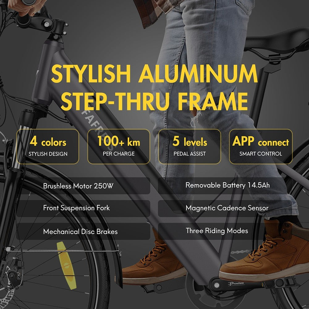 F28 Pro 27.5'' Step-through City E-Bike 25Km/h 250W Motor 36V14.5Ah Embedded Removable Battery Shimano 7-Speed Gear - Black