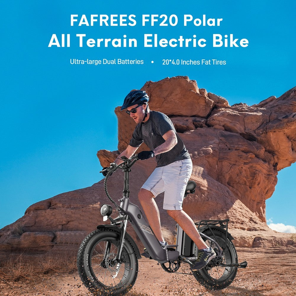 Bicicleta eléctrica FF20 Polar, motor de 48 V y 500 W, velocidad máxima de 40 km/h, doble batería de 10,4 Ah para una autonomía de 150 km, neumáticos gruesos CHAOYANG de 20 x 4,0 pulgadas, frenos de disco dobles, cambio Shimano de 7 velocidades, pantalla LCD a color - Azul.