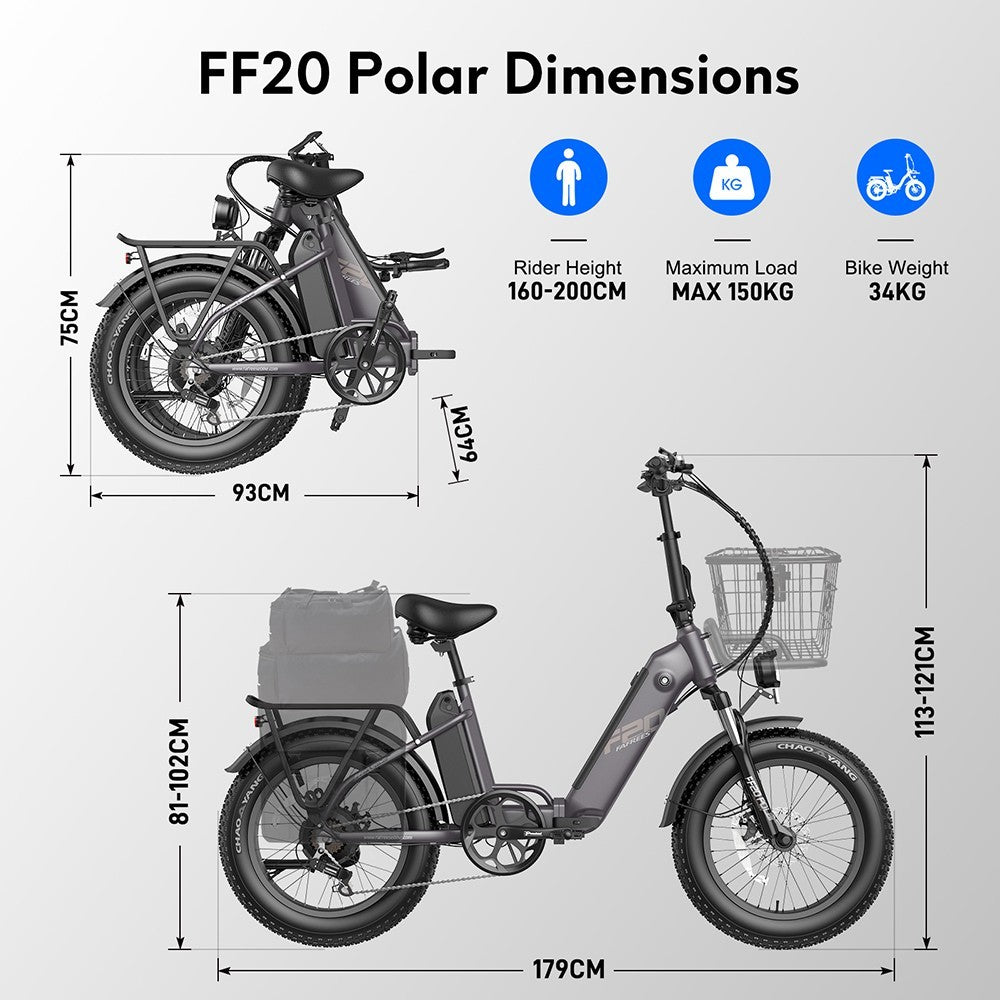 Bicicleta eléctrica FF20 Polar, motor de 48 V y 500 W, velocidad máxima de 40 km/h, doble batería de 10,4 Ah para una autonomía de 150 km, neumáticos gruesos CHAOYANG de 20 x 4,0 pulgadas, frenos de disco dobles, cambio Shimano de 7 velocidades, pantalla LCD a color - Azul.