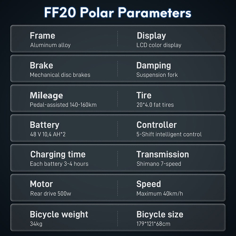Bicicleta eléctrica FF20 Polar, motor de 48 V y 500 W, velocidad máxima de 40 km/h, doble batería de 10,4 Ah para una autonomía de 150 km, neumáticos gruesos CHAOYANG de 20 x 4,0 pulgadas, frenos de disco dobles, cambio Shimano de 7 velocidades, pantalla LCD a color - Azul.