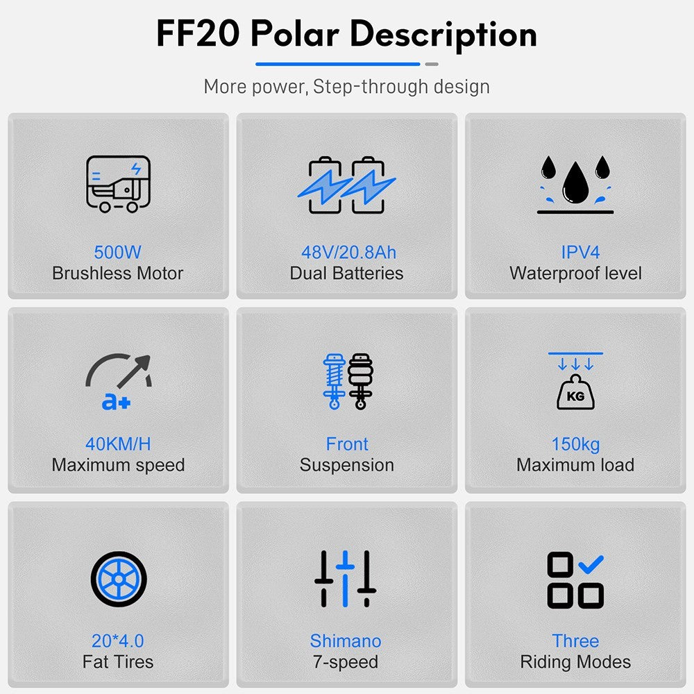 Bicicleta eléctrica FF20 Polar, motor de 48 V y 500 W, velocidad máxima de 40 km/h, doble batería de 10,4 Ah para una autonomía de 150 km, neumáticos gruesos CHAOYANG de 20 x 4,0 pulgadas, frenos de disco dobles, cambio Shimano de 7 velocidades, pantalla LCD a color - Azul.