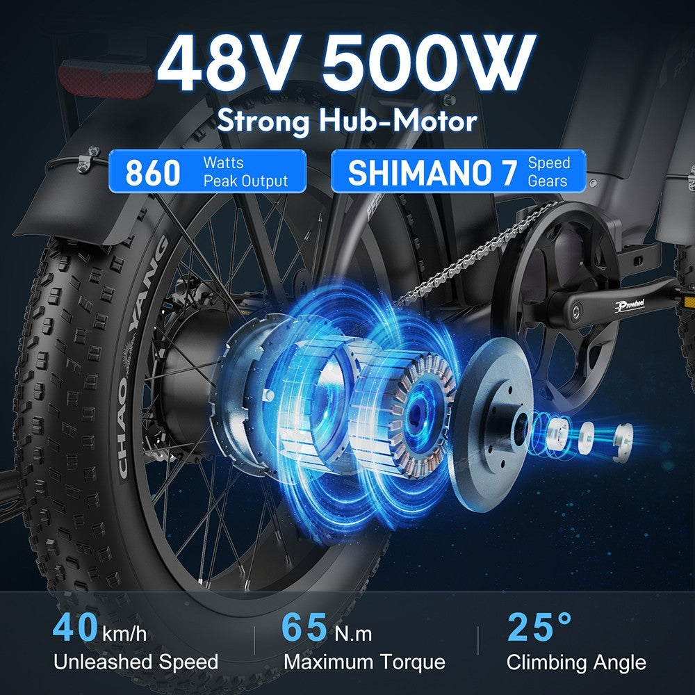 Bicicleta eléctrica FF20 Polar, motor de 48 V y 500 W, velocidad máxima de 40 km/h, doble batería de 10,4 Ah para una autonomía de 150 km, neumáticos gruesos CHAOYANG de 20 x 4,0 pulgadas, frenos de disco dobles, cambio Shimano de 7 velocidades, pantalla LCD a color - Azul.