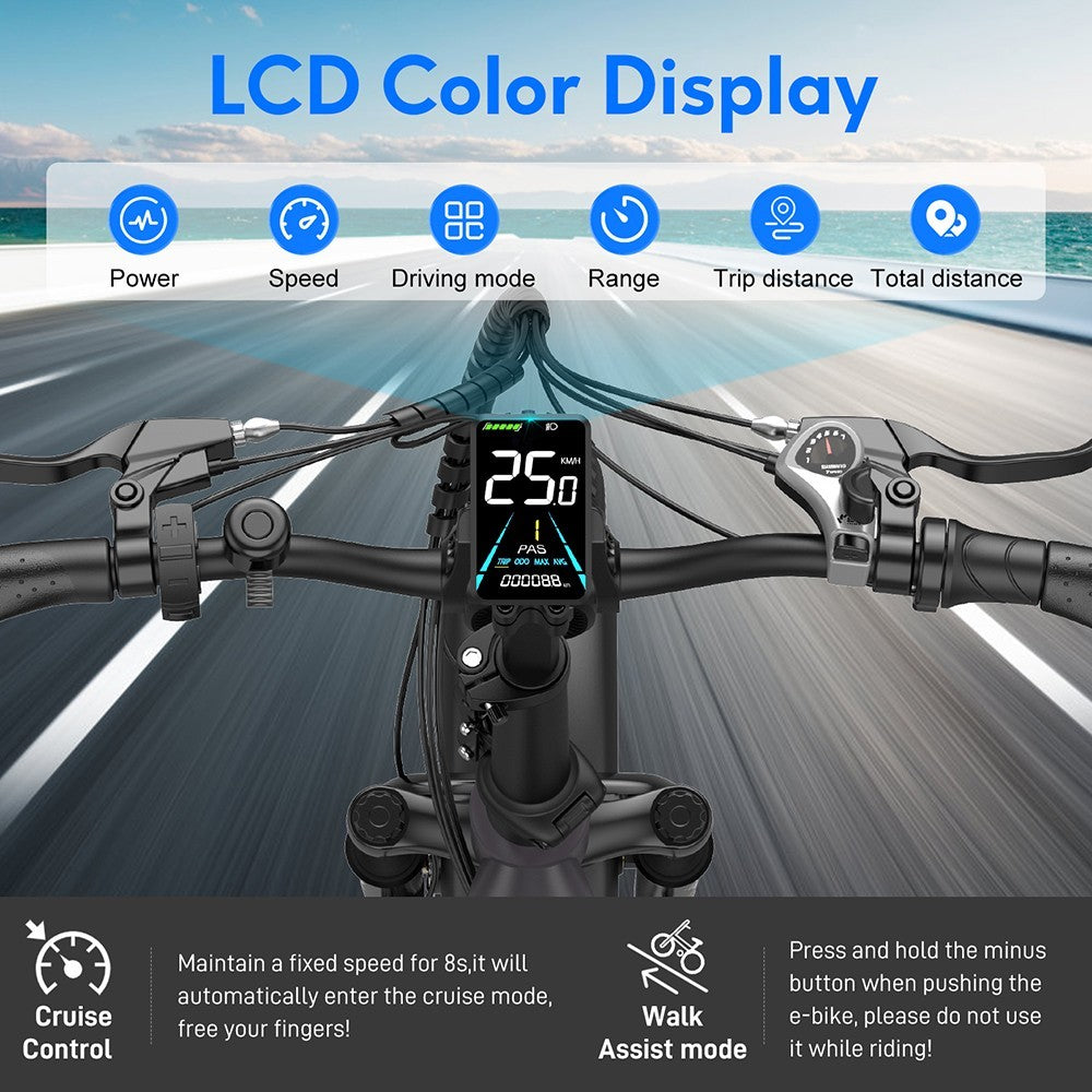 Bicicleta eléctrica FF20 Polar, motor de 48 V y 500 W, velocidad máxima de 40 km/h, doble batería de 10,4 Ah para una autonomía de 150 km, neumáticos gruesos CHAOYANG de 20 x 4,0 pulgadas, frenos de disco dobles, cambio Shimano de 7 velocidades, pantalla LCD a color - Azul.