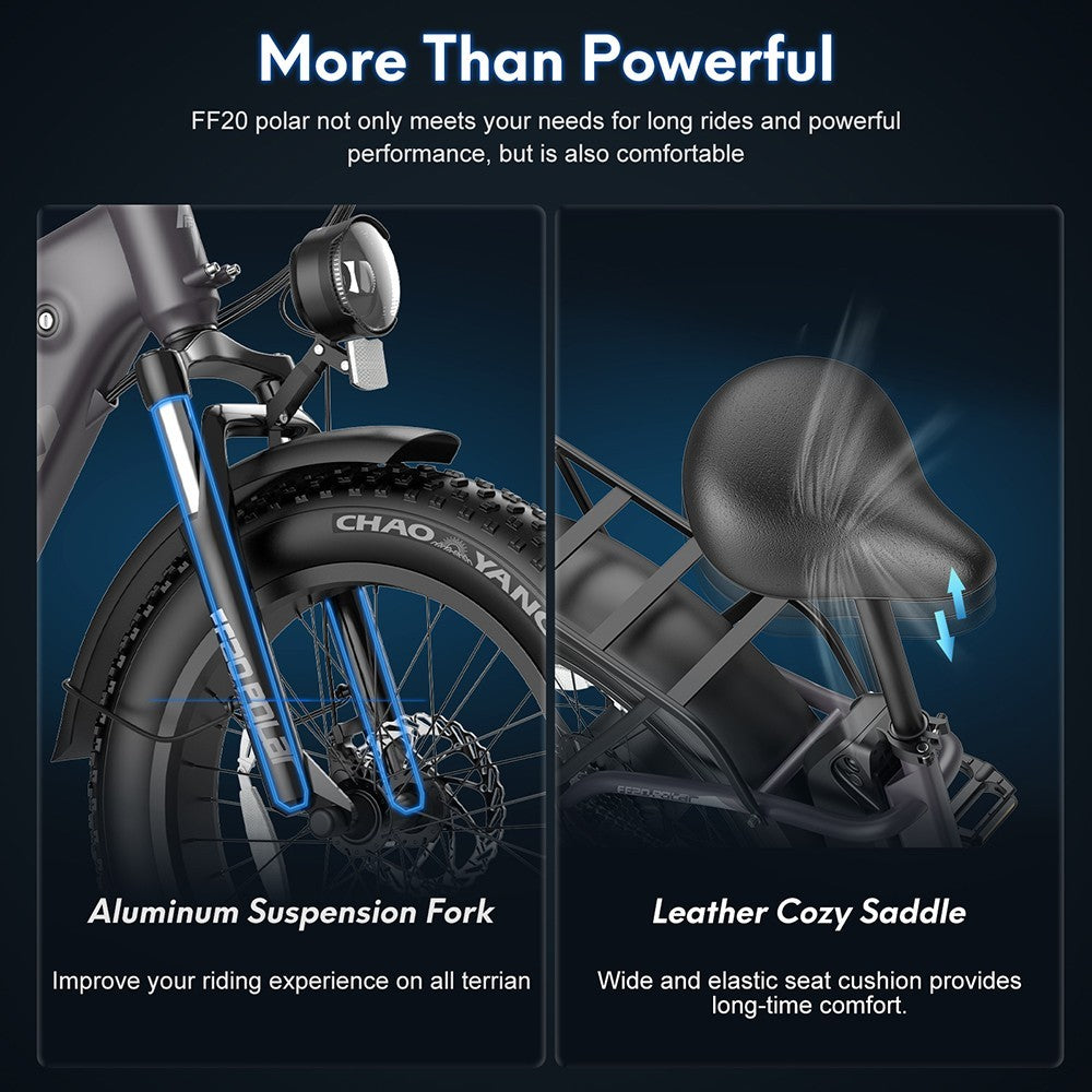 Bicicleta eléctrica FF20 Polar, motor de 48 V y 500 W, velocidad máxima de 40 km/h, doble batería de 10,4 Ah para una autonomía de 150 km, neumáticos gruesos CHAOYANG de 20 x 4,0 pulgadas, frenos de disco dobles, cambio Shimano de 7 velocidades, pantalla LCD a color - Azul.