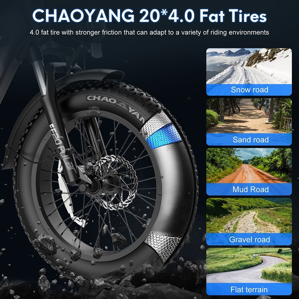 Bicicleta eléctrica FF20 Polar, motor de 48 V y 500 W, velocidad máxima de 40 km/h, doble batería de 10,4 Ah para una autonomía de 150 km, neumáticos gruesos CHAOYANG de 20 x 4,0 pulgadas, frenos de disco dobles, cambio Shimano de 7 velocidades, pantalla LCD a color - Azul.