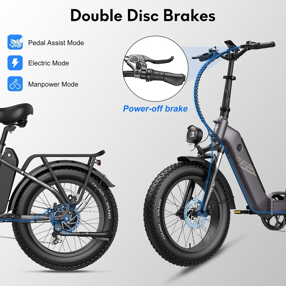 Bicicleta eléctrica FF20 Polar, motor de 48 V y 500 W, velocidad máxima de 40 km/h, doble batería de 10,4 Ah para una autonomía de 150 km, neumáticos gruesos CHAOYANG de 20 x 4,0 pulgadas, frenos de disco dobles, cambio Shimano de 7 velocidades, pantalla LCD a color - Azul.