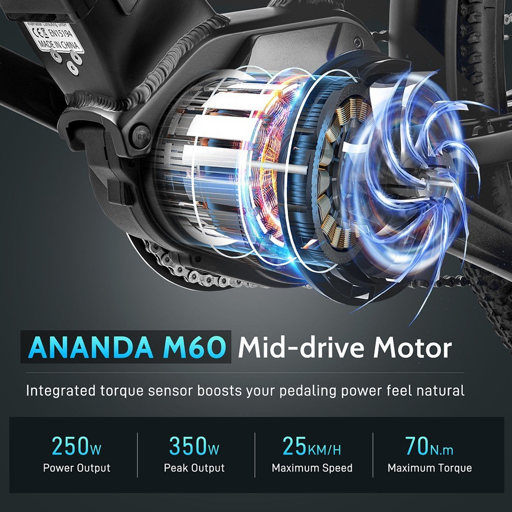 FAFREES FM8 Pro Electric Bike 27.5 inch Air Tires 36V 250W Mid-drive 25km/h Max Speed 14.5Ah Battery 100-120km Range - Black