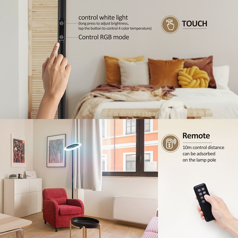 Lámpara de pie LED RGB FIMEI MF18809, 18 modos RGB, 4 temperaturas de color, control remoto, para sala de estar, dormitorio, oficina - Negro