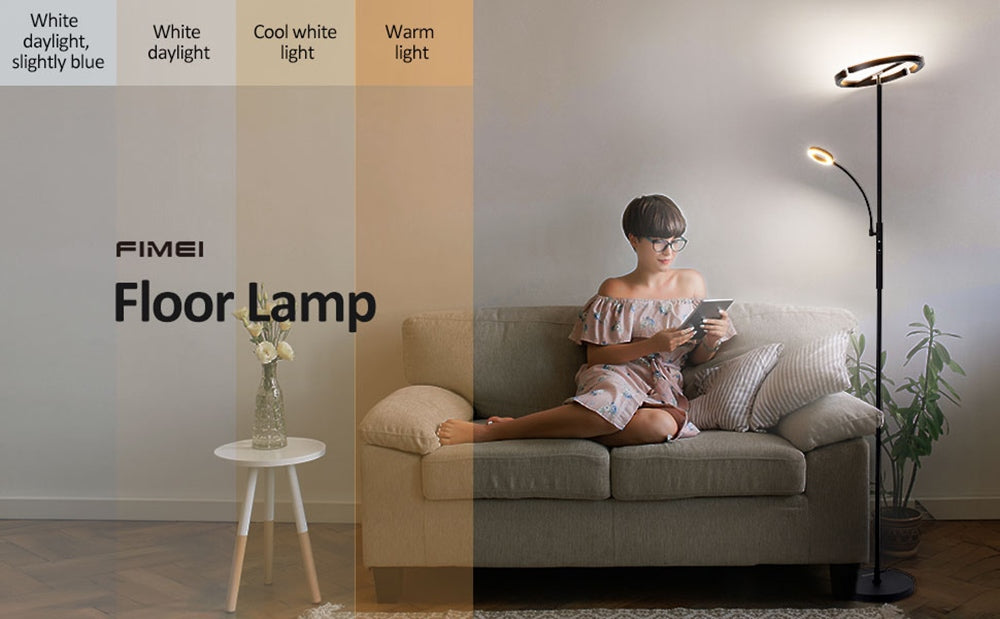 Lámpara de pie FIMEI MF18813 con luz de lectura, protección ocular, 4 temperaturas de color, atenuación infinita, control táctil y control remoto, para sala de estar, oficina, dormitorio - Negro