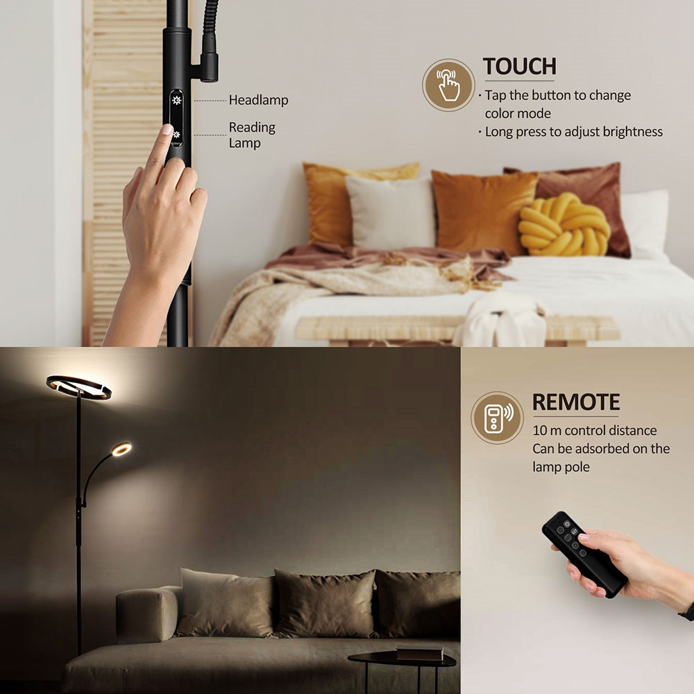 Lámpara de pie FIMEI MF18813 con luz de lectura, protección ocular, 4 temperaturas de color, atenuación infinita, control táctil y control remoto, para sala de estar, oficina, dormitorio - Negro
