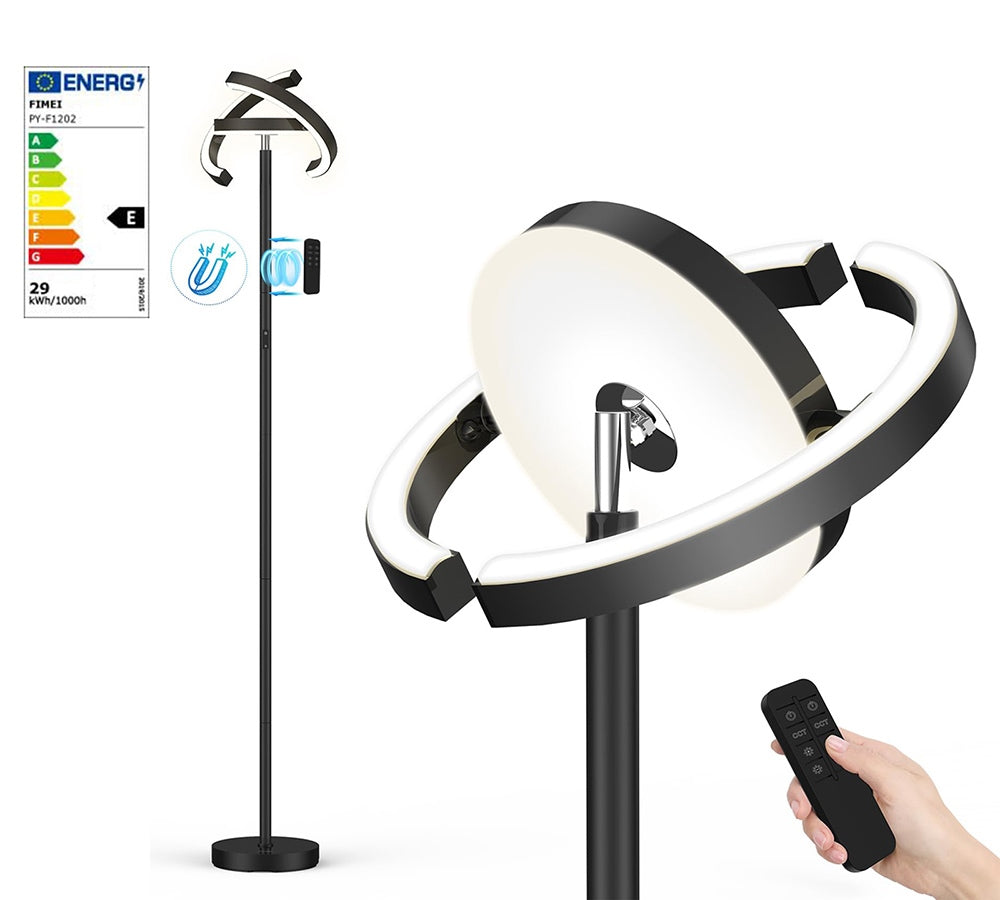 Lámpara de pie LED FIMEI PY-F1202, luz central hacia abajo, temperatura de color 3000K-6000K, atenuación continua, control remoto/táctil, para sala de estar - Negro