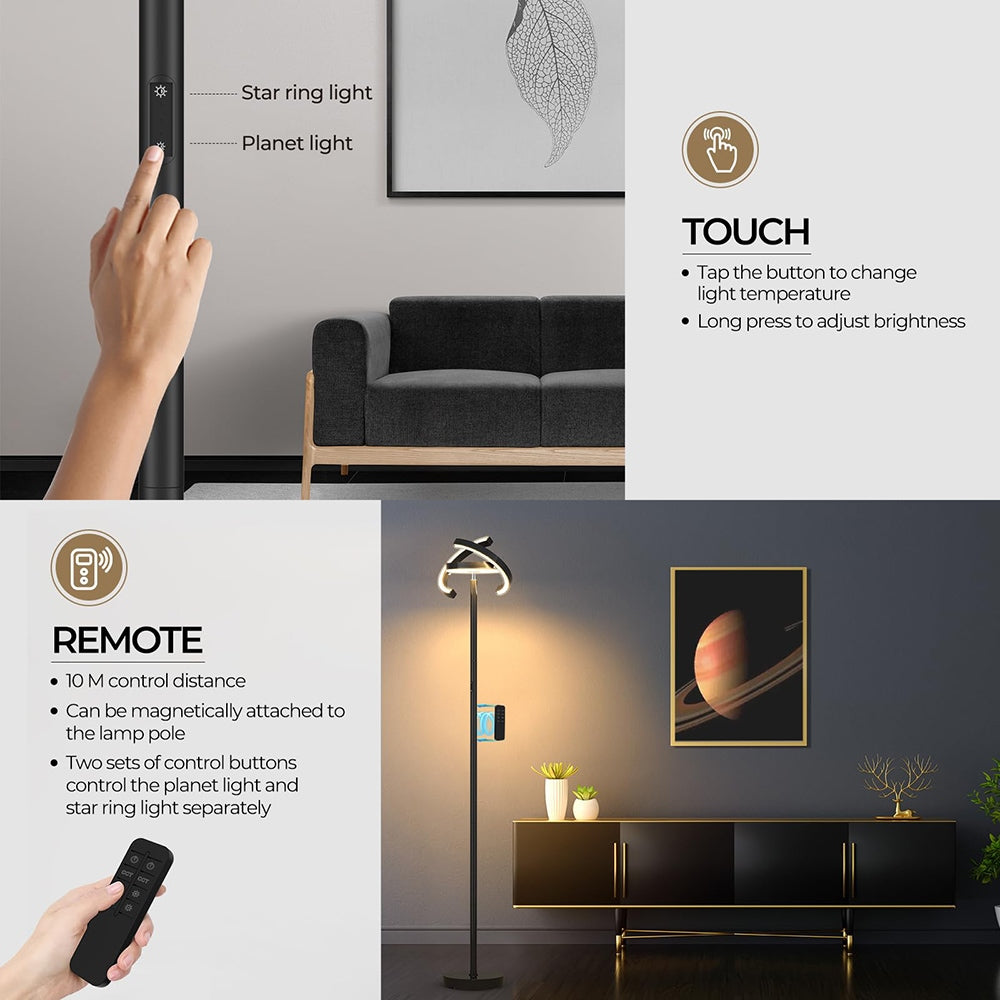 Lámpara de pie LED FIMEI PY-F1202, luz central hacia abajo, temperatura de color 3000K-6000K, atenuación continua, control remoto/táctil, para sala de estar - Negro