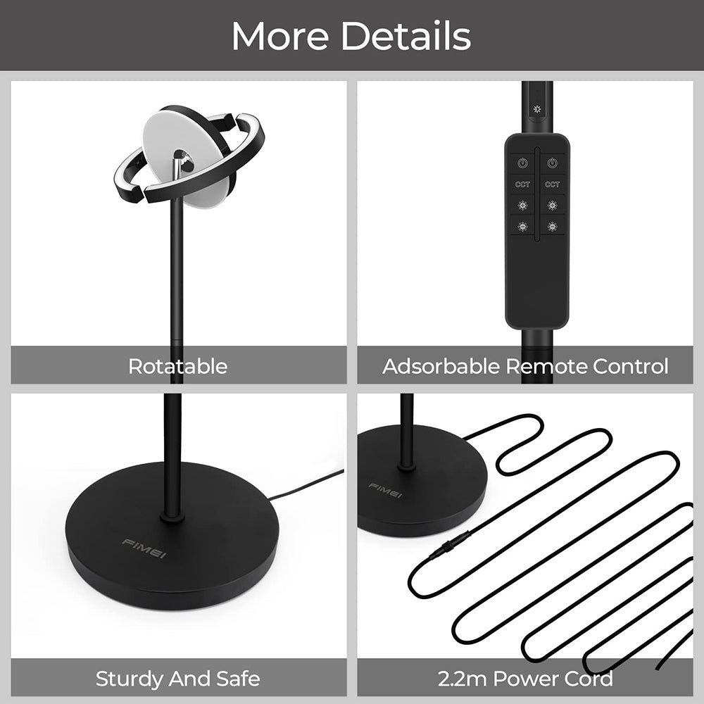 Lámpara de pie LED FIMEI PY-F1202, luz central hacia abajo, temperatura de color 3000K-6000K, atenuación continua, control remoto/táctil, para sala de estar - Negro